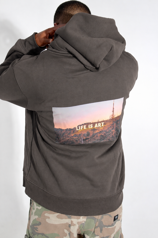 Back pose with gray hoodie