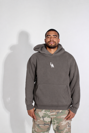 Full-length front pose with gray hoodie