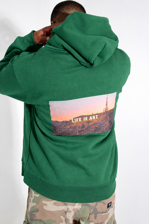 Green hoodie, back view