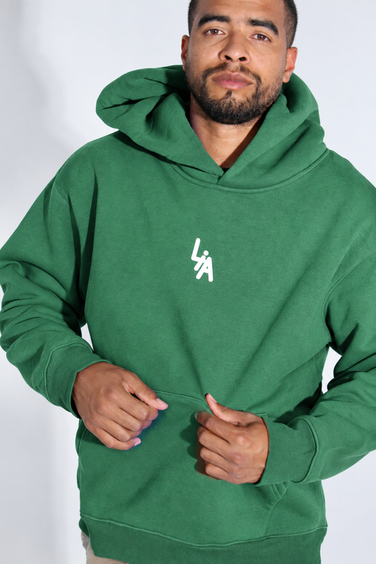 Green hoodie, close front view