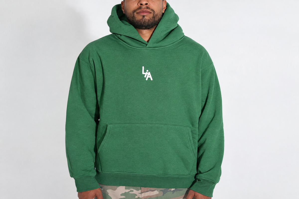 Green hoodie, sideways front view